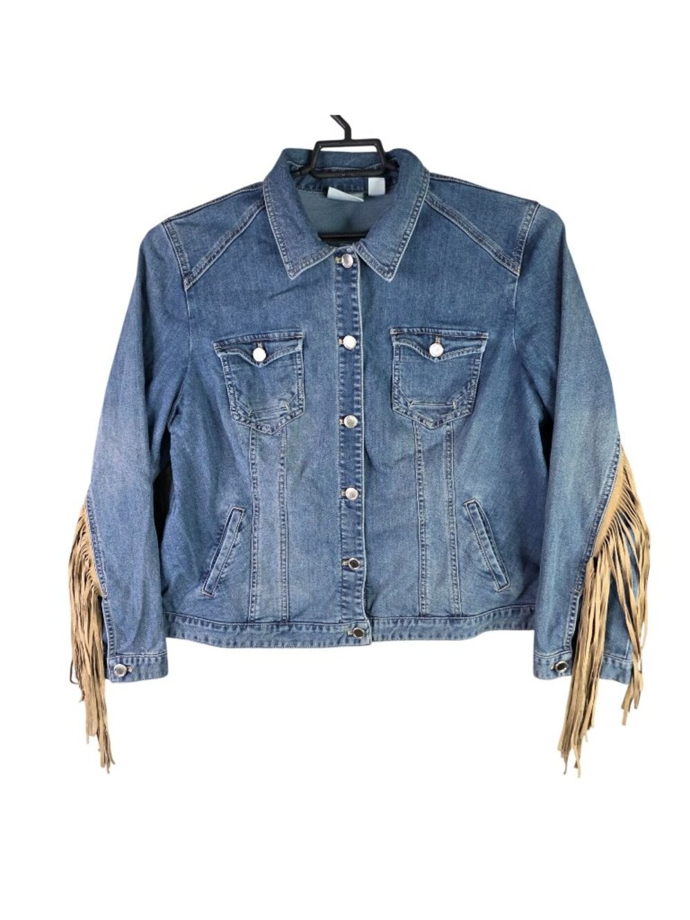 Womens Chico's Platinum Blue Denim Western Fringe Jacket Button Front Large 3
